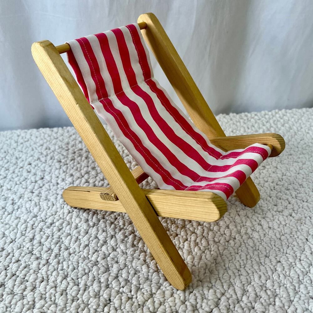 Wooden Chair for Dolls Homemade Beach Sling Folding Pink White Stripe Fabric